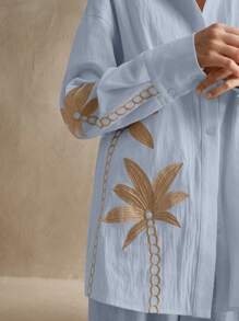 Anewsta Kemeja Lengan Panjang Wanita Motif Aprikot Bordir Tenun, Cocok untuk Pantai dan Liburan. - Baby Blue - View 2