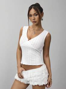 SHEIN ICON Deep V Textured Vacation Blouse, Spring/Summer - White - View 3