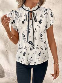 SHEIN Clasi 女士简约碎花荷叶边系带上衣，夏季商务休闲女装，适合工作女性、教师等各种场合。 - 彩色 - 查看 4