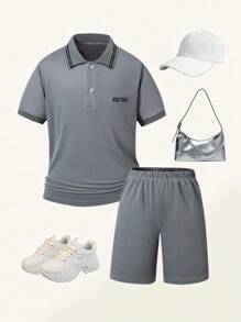 SHEIN Explorewe 2 件女童服装 - 灰色 Polo 衫和图案印花短裤套装，休闲校园风格百搭日常和运动装，适合春夏季 - 灰色 - 查看 1