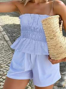 SHEIN VCAY 2pcs Plus Size Women Striped Ruched Bandeau Top And Shorts Set,Summer Outfits For Women