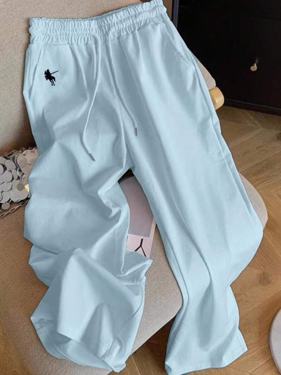 SHEIN 新款休闲马刺绣宽松纯色直筒裤女秋季女装 - 藍色 - 查看 1