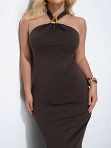 Maija Damen Große Größen Mode einfarbiges Off-Shoulder asymmetrisches Kleid mit Metallring Dekor, figurbetont - Braun - Übersicht 6