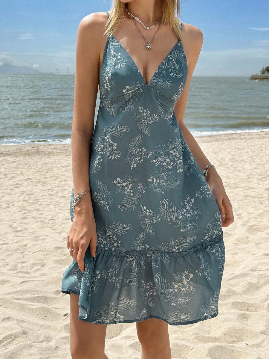 SHEIN Bubbli Women's Tropical Plant Print Sexy Mid-Length Vacation Beach Cami Dress - Multicolor - View 1