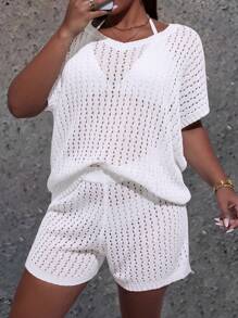 EMERY ROSE Plus Size Women's Solid Color Lightweight V-Neck Batwing Knit Top, Suitable For Spring/Summer Commute - White - View 5