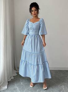 Elenzga Women's Casual Striped Long Dress For Summer - Blue - View 4