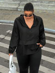 Muchica Plus Half Zip Drop Shoulder Hooded Jacket Winter Fall Autumn - Black - View 6