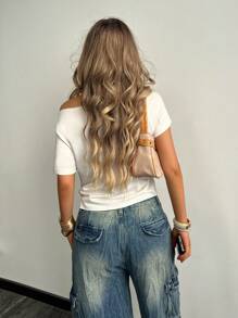 INAWLY 修身短款美国国旗印花不对称领短袖T恤 - 白色 - 查看 2