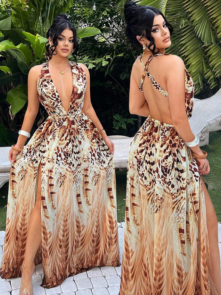 SHEIN SXY 夏季波西米亚豹纹深 V 领高开衩飘逸连衣裙，性感露背度假连衣裙，适合海岛、海滩、度假装 - 彩色 - 查看 1