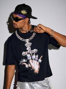 ROMWE MEN Street Life Men's Y2K Goth Slogan Print Short Sleeve Tee, Suitable For Everyday Wear, Spring/Summer, Halloween - Black - View 4