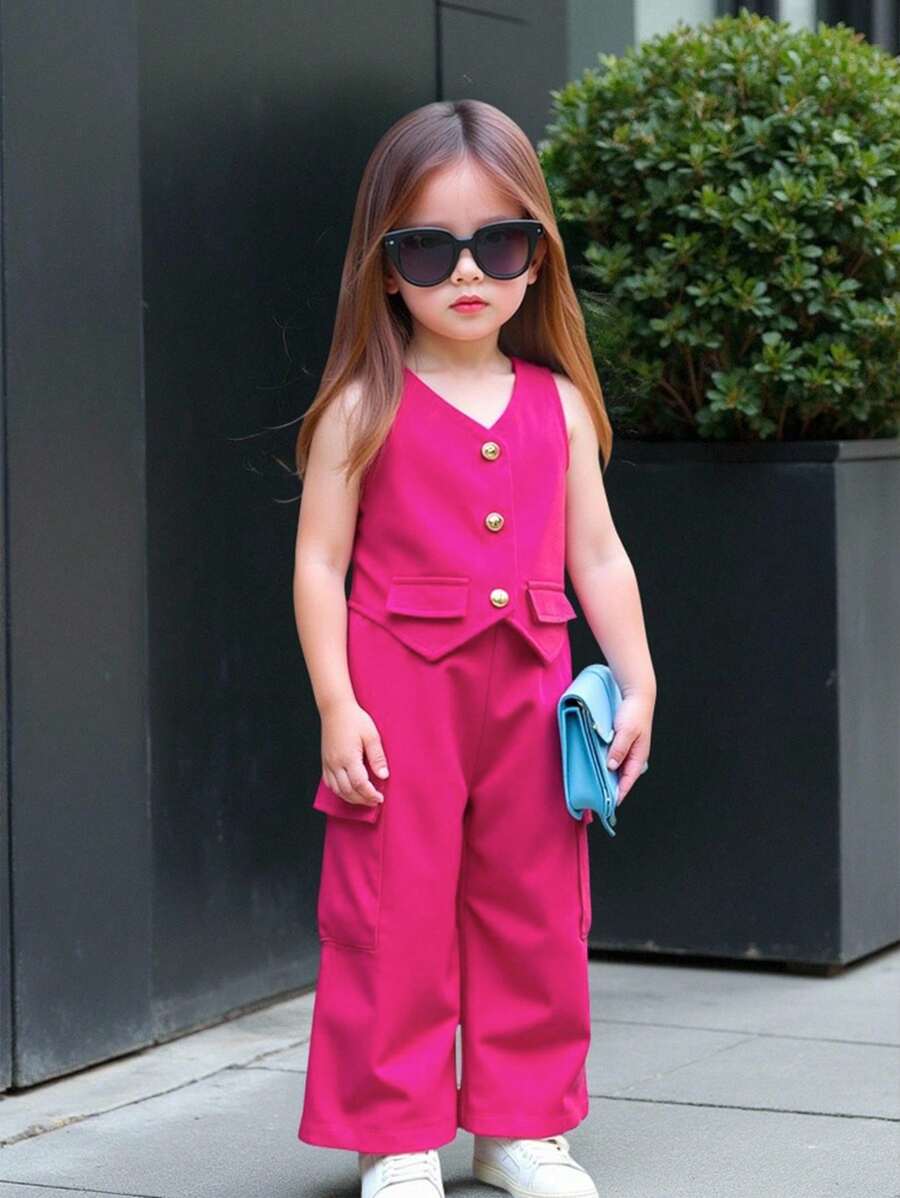 Babygirl Casual Pink Simple Top & Wide Leg Pants Suit Set - Pink - View 1