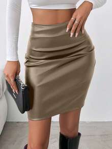 EURMUSE Saia feminina de cintura alta, cor sólida, slim fit, moda verão - Bege - Ver 3