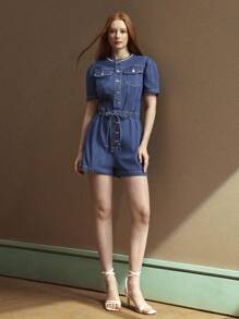 SHEIN BAE 女式夏季休闲高端牛仔连体裤 - 藍色 - 查看 7