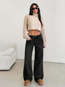 EURMUSE Women's Casual Low Waist Button Pocket Wide Leg Jeans - Black - View 3