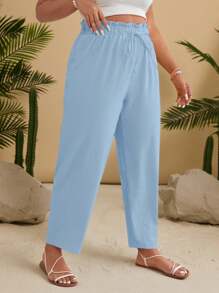 SHEIN VCAY Plus Size Casual Solid Color Tapered Pants - Baby Blue - View 4