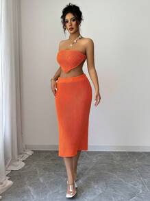 SHEIN Clasi 2pcs/Set Solid Color Knitted Asymmetrical Hem Cropped Top & Orange Skirt Sweater Set - Orange - View 1