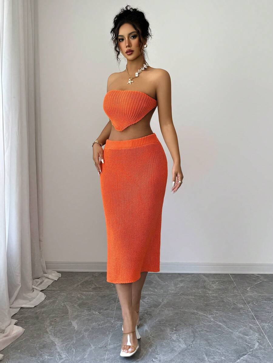 SHEIN Clasi 2pcs/Set Solid Color Knitted Asymmetrical Hem Cropped Top & Orange Skirt Sweater Set - Orange - View 1