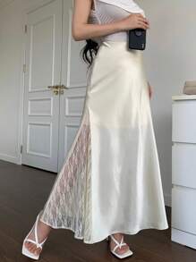 Modelyn 时尚简约缎面拼接女式半身裙 - 杏色 - 查看 3