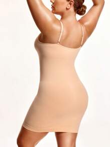 SHAPORA 大码纯色塑身连衣裙，夏季时尚 - 米色 - 查看 3