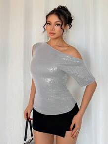 DAZY 女士亮片装饰不对称肩部修身T恤，优雅时尚新年闪亮嘉年华上衣 - 灰色 - 查看 3