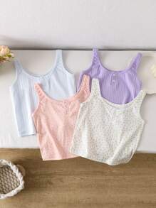 4 pièces/Set Top de Camisole d'été/printemps pour filles en grande taille, à pois et fleurs de style marguerite, multicolore blanc/rose/jaune