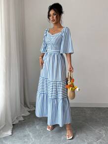 Elenzga Women's Casual Striped Long Dress For Summer - Blue - View 5