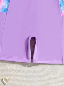 少女圆领插肩袖夏季半开前鱼鳞印花连体泳衣 - 紫色 - 查看 4