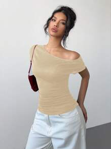 SHEIN Essnce Asymmetrical Off Shoulder Pleated Asymmetric Black T-Shirt For Women