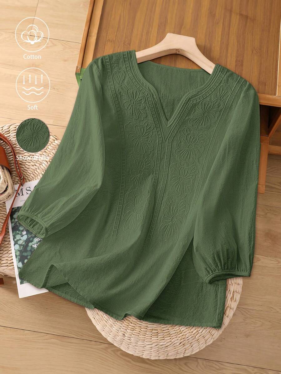 GlowEve Women V-Neck Embroidery Short Sleeve White Blouse - Army Green - View 1