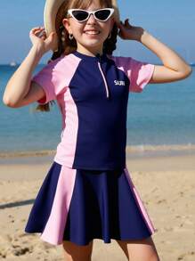 2pcs Girls Swimsuit Set, Patchwork Design In Pink & Powder Blue, Dress & Shorts Bottom, Lightweight & Soft Fabric, High-Quality Gradients, Family Matching Swimwear, Millennium Vintage Style, Sporty & Fashionable - Multicolor - View 1