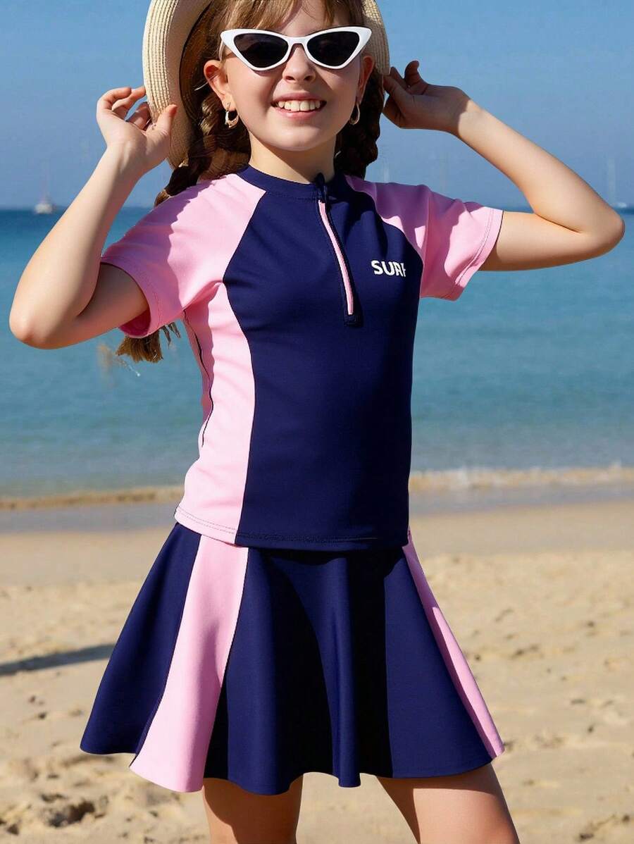 2pcs Girls Swimsuit Set, Patchwork Design In Pink & Powder Blue, Dress & Shorts Bottom, Lightweight & Soft Fabric, High-Quality Gradients, Family Matching Swimwear, Millennium Vintage Style, Sporty & Fashionable - Multicolor - View 1