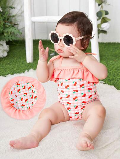 Nyfödda Baby Badkläder Nyfödd Sommarrosa Körsbär Badkläder Nytt Mode Axelbandslös Polyester Digitaltryckt Söt Hel Badkläder Lämplig För Strand, Hav, Pool