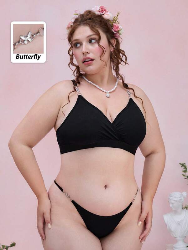 ROMWE Fairycore Fairy Plus Size Seamless Knitted Ribbed Butterfly Chain Design Wireless Bra Set, Comfortable & Lightweight