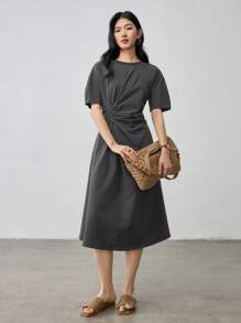 Dazy-Less 夏季商务休闲扭褶设计宽松直筒中长连衣裙，适合女士、返校服、教师装 - 深灰色 - 查看 7