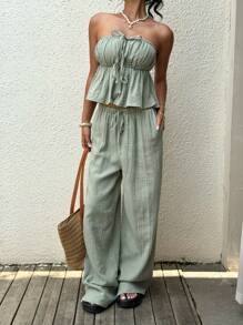 SHEIN EZwear New Women's Daily Two-Piece Set Green Cotton And Linen Tube Top Straps Suitable For Summer Vacation - Green - View 4