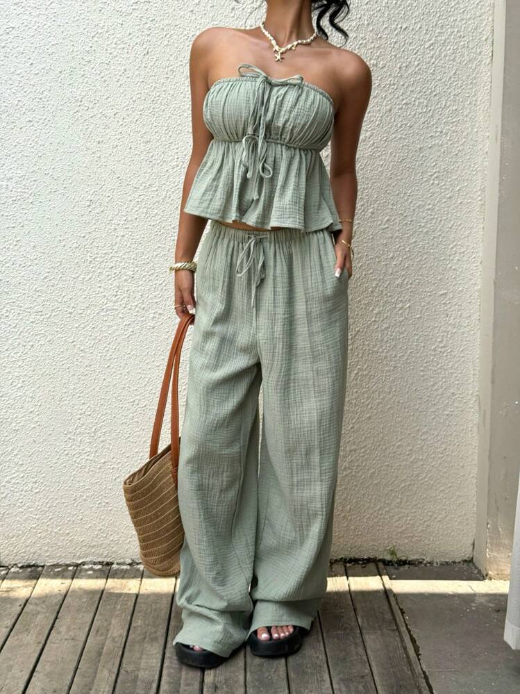 SHEIN EZwear New Women's Daily Two-Piece Set Green Cotton And Linen Tube Top Straps Suitable For Summer Vacation - Green - View 4