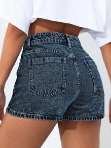 SHEIN PETITE 女式纯色前扣交叉裹身夏季时尚牛仔短裤 - 藍色 - 查看 2