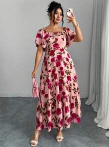 Modelyn Plus Size Floral Print A-Line Cinched Waist Dress, Boat Neck - Pink - View 6