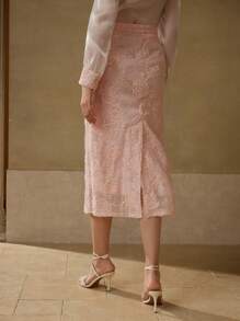 MOTF PREMIUM 提花花卉图案撞色亮片开衩直筒裙 - 粉色 - 查看 3