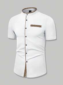 Manfinity Mode Men's Casual Summer Short Sleeve Striped Stand Collar Shirt, Slim Fit Button-Down Casual Shirt With Contrast Color Pocket Design, Versatile For Daily, Casual, Holiday, Commute, Gift For Husband Or Boyfriend Men Fitted Shirts Men Designer Shirts Style Shirts For Men Mens Fashion Shirts Men Dress Shirts Short