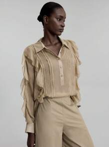 Ontre Women's Solid Color Ruffle Decor Long Sleeve Blouse, Elegant Ladies Summer Clothing