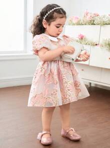 SHEIN Baby Girl Floral Jacquard Peter Pan Collar Puff Sleeve Party Dress - Multicolor - View 4