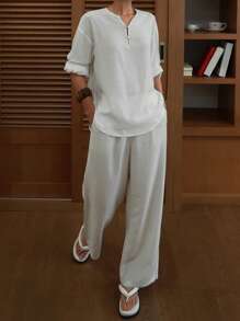 DAZY Conjunto de pijama de dama con decoración de botones de perla, elegante y sencillo - Blanco - Ver 5