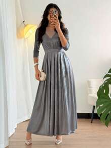 Strévra Women V-Neck Waist Cinched Long Dress