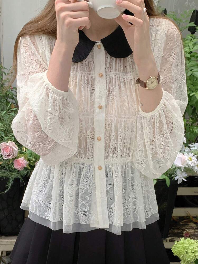 Women Lace Contrast Color Ruffle Hem Casual Blouse Long Sleeve Top