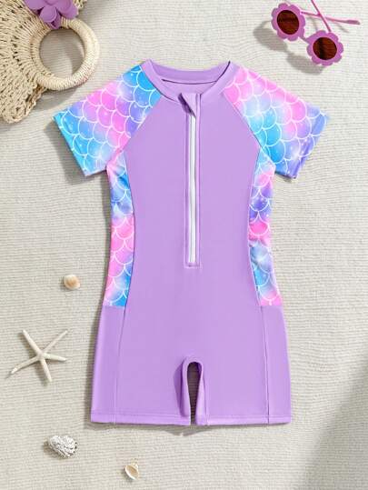 少女圆领插肩袖夏季半开前鱼鳞印花连体泳衣