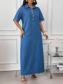 SHEIN Lady 女士牛仔长裙，短袖，休闲修身款，蓝色，适合7月4日美国独立日、毕业典礼等场合穿着。其他可选款式包括：女士毕业礼服、女士长款连衣裙、女士毕业礼服、女士连衣裙、优雅连衣裙、女士夏季服装、夏季工作装、女士夏季服装、女士休闲连衣裙、女士夏季连衣裙、商务休闲长裙等。 - 中等水洗藍 - 查看 5