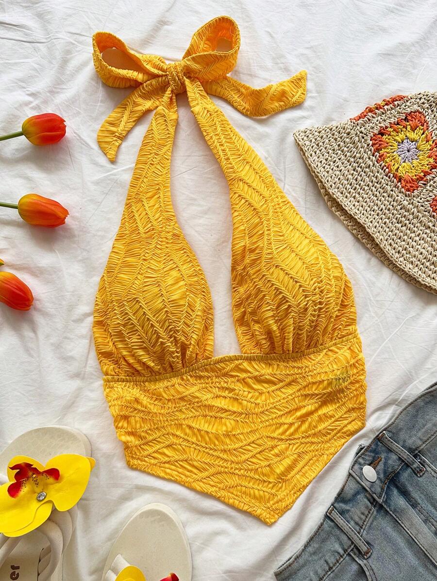 Soleia 女士度假黄色露背系带纹理面料三角下摆修身露背背心。适合度假、约会、下午茶、海滩、邮轮、城市度假、婚礼季、波西米亚风、音乐节 - 黃色 - 查看 1