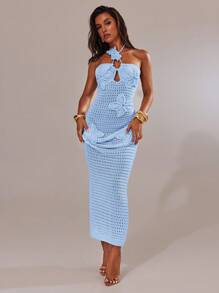 Váy dệt kim không tay hở vai đơn sắc trang trí đính vải cho nữ - Màu xanh nhạt - Xem 4