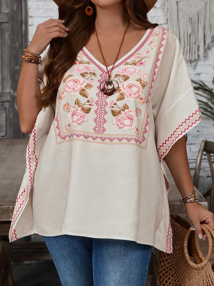 Plus Size Bohemian Country Retro Vacation Bat Sleeve Loose Geometric Pattern Positioning Print V-Neck Top Shirt Suitable For Spring And Summer Wear Linen Vacation Summer Shirts Vacation Woman Boho Tops Boho Blouses